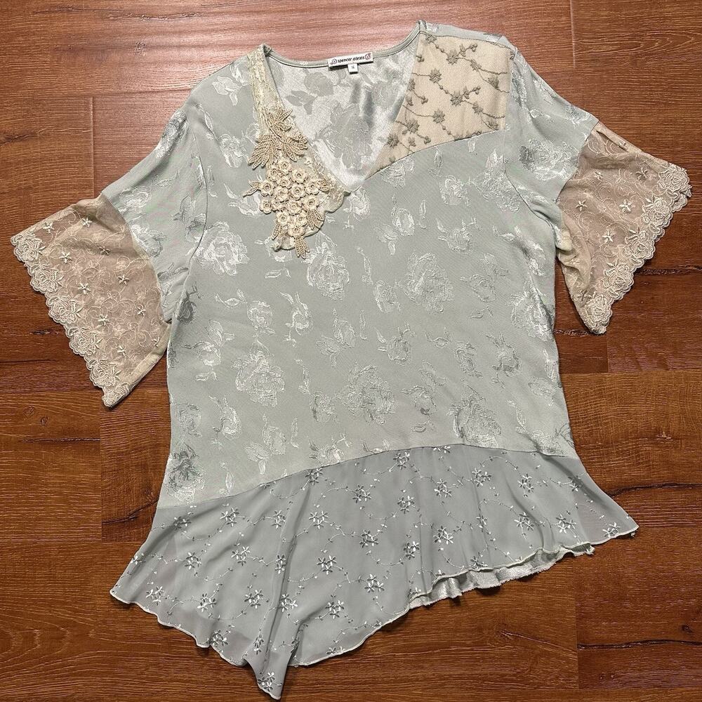 Spencer Alexis Blouse 16 Blue Floral Lace Embroidered Fairy Whimsy Hippie VTG 90